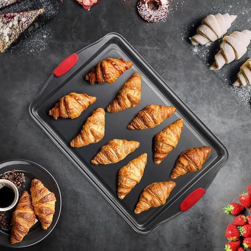 Eatex Nonstick Baking Sheet Set, 3-Piece Baking Pans Set with Silicone Handles, Carbon Steel Cookie Sheets for Baking, Commercial Grade Quality Oven Tray, Quarter/Jelly Roll/Half Sheet Pans for Baking