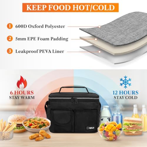 opux Insulated Lunch Box Adult, 14 Can Leakproof Cooler Bag Kids, Black