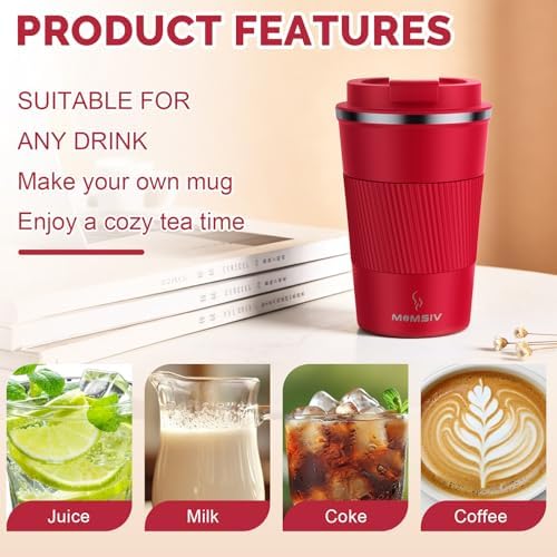 MOMSIV 12oz Travel Coffee Mug, Insulated Coffee Cup with Leakproof Lid Red