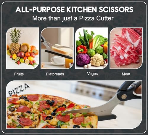 Pizza Scissors with Non Stick Slice Server. Sharp Pizza Cutting Without Topping Mess.Firm Grip, Food Grade Stainless Steel Pizza Cutter. Dishwasher Safe. 4 in 1 Kitchen Scissors (Black Spatula)