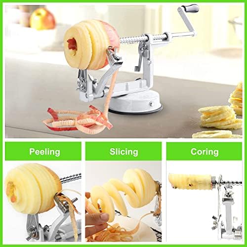 Apple Peeler Corer, Long lasting Chrome Cast Magnesium Alloy Apple Peeler Slicer Corer with Stainless Steel Blades and Powerful Suction Base for Apples and Potato(White)