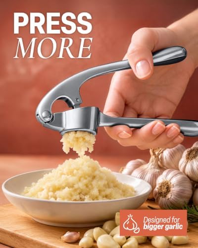 Zulay Kitchen Large Premium Garlic Press Set - Bigger Bowl for Bigger Garlic - Rust Proof Garlic Mincer Tool - Easy-Squeeze, Easy-Clean Silicone Garlic Peeler & Brush (Slate)