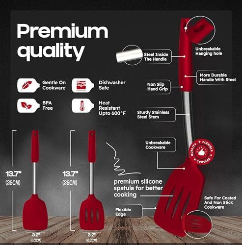 BakeRoyal Silicone Spatula Set - Turner Spatulas Silicone Heat Resistant 600°F - Slotted & Solid Spatula for Cooking Fish, Eggs, Pancakes Flipper – Spatulas for kitchen use – Red