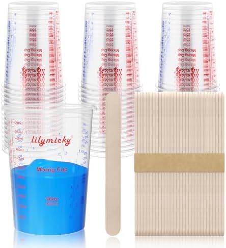 50 Pack Plastic Mixing Cups, 20 oz Measuring Cups with 50 Mixing Sticks