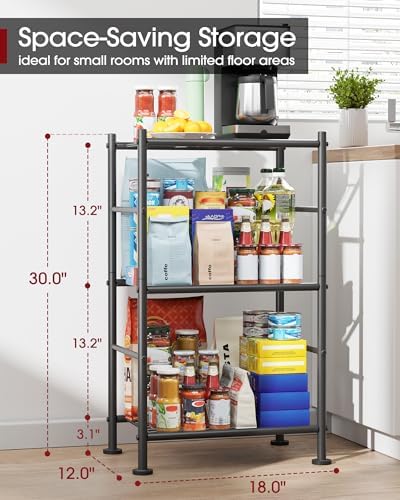 Sakugi 3-Tier Metal Storage Shelves Adjustable Feet, 18"x12"x30", Black