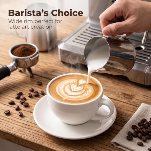 DeeCoo 11 oz White Cappuccino Mug- Large Ceramic Coffee Cup with Saucer - Microwave and Dishwasher Safe, Perfect For Tea, Espresso, Latte - Porcelain Set for Kitchen or Cafe, Baristas, Great Gift