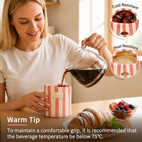 Ceramic Coffee Mug with Sip Hole, 12oz To Go Ceramic Mug Striped