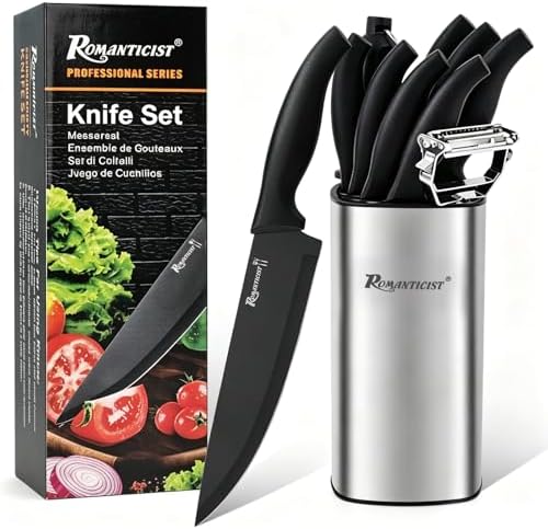 ROMANTICIST Kitchen Knife Sets, 10PCS High Carbon Stainless Steel Knife Sets with Block, Black Knife Block Set, Knives Set for Kitchen with Anti-slip Handle, Exquisite Knives Set New Home Essentials