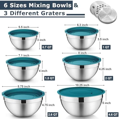 P&P CHEF Mixing Bowls with Lids Set of 6, Nesting Salad Bowl, Blue