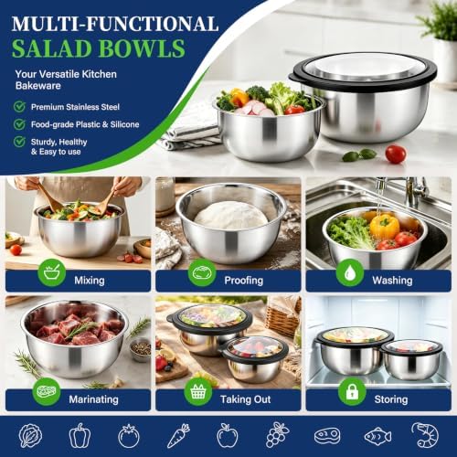 P&P CHEF Mixing Bowls with Lids Set of 3, Black Stainless Steel Salad Bowl
