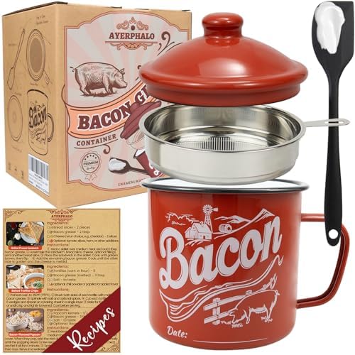 Ayerphalo 42oz Enamel Bacon Grease Container with Strainer, Farmhouse Red