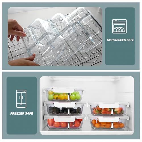 KOMUEE Glass Meal Prep Containers 3 Compartments, 5 Pack 36 oz, White