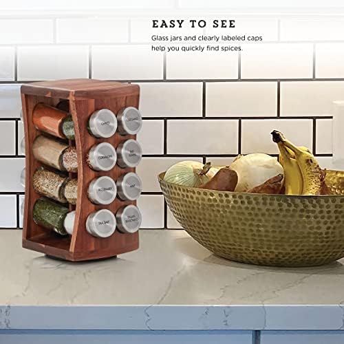 Kamenstein 16 Jar Hourglass Revolving Countertop Spice Rack with Spices Included, FREE Spice Refills for 5 years, Acacia with Stainless Steel Caps