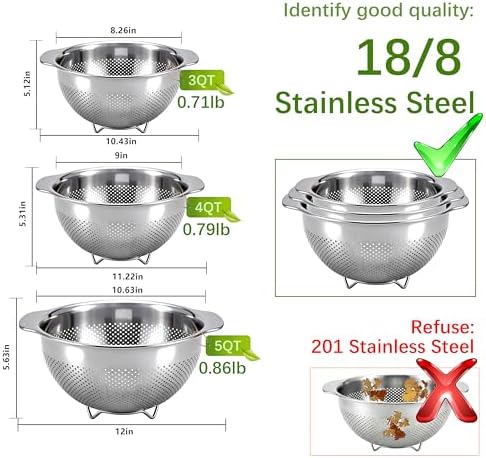 Stainless Steel Colander for Kitchen with Handle for Pasta (4QT)