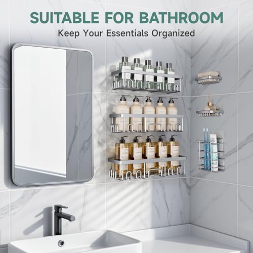 Veken Shower Caddy 6-Pack, No Drilling & Rustproof, Waterproof Adhesive Shelves Rack with Soap Holder, Large Capacity Bathroom Organizers and Storage, Wall-Mounted Kitchen & Home Decor, Bright Silver