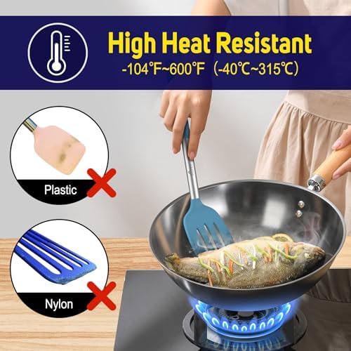 HOTEC Silicone Spatula Set of 2 Heat-Resistant 600°F & BPA-Free Kitchen SaptulaTurner with Stainless Steel Handles, Slotted & Solid Spatulas for Nonstick Cookware, 13.7 Inch, Blue