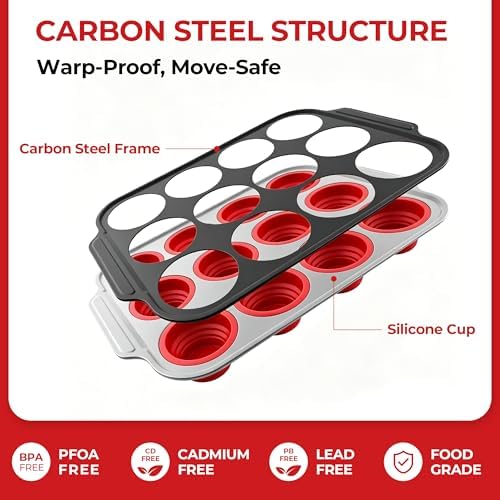 12-Cup Collapsible Silicone Muffin Pan with Metal Frame & Spatula - Space Saving Foldable Cupcake Tray - Easy Release Baking Mold for Egg Bites, Muffins & Tart - Dishwasher Safe Red