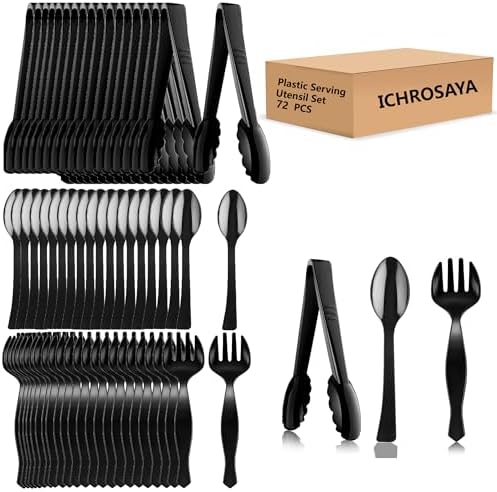Black Plastic Serving Utensils Set, 72 Pieces, Disposable Spoons, Forks, and Tongs, 8.6 Inch, Heavy Duty, for Buffet, Party, Restaurant