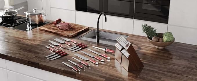 Dalstrong 18-Piece Kitchen Knife Set Block - High Carbon German Steel Full Tang - Acacia Wood Knife Block Set - Red Handles ABS Gladiator Series - Professional NSF Knives set for Kitchen Cuchillos