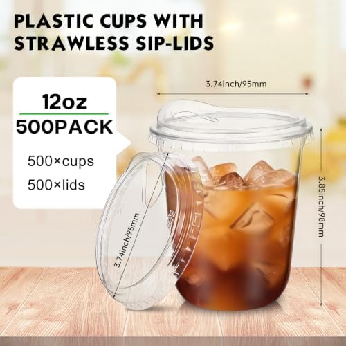 Baderke 500 Pcs Round Bottom Plastic Cups with Lids Clear Togo,12 Oz