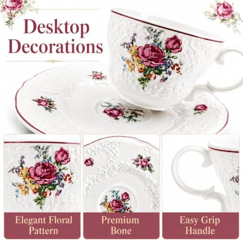 Tea Cup and Saucers Set, 8 OZ Vintage Rose Tea Cup with Saucer Spoon