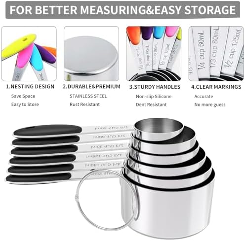 TILUCK Stainless Steel Measuring Cups and Spoons Set with Silicone Handle – Nesting Design for Space-Saving, Heavy Duty & Dishwasher Safe for Dry/Liquid Ingredients, Cooking & Baking (13)