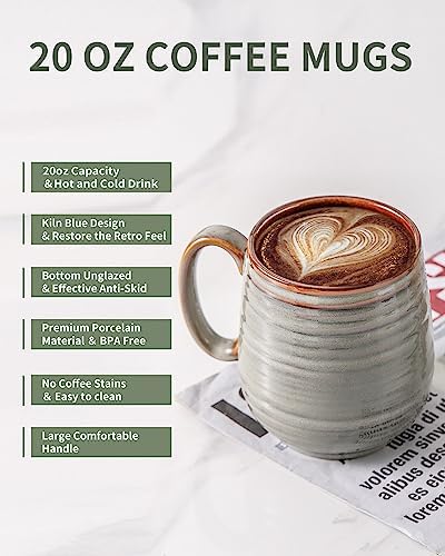 HASENSE 20 Oz Coffee Mugs Set of 2, Porcelain Large Coffee Cups, Light Grey