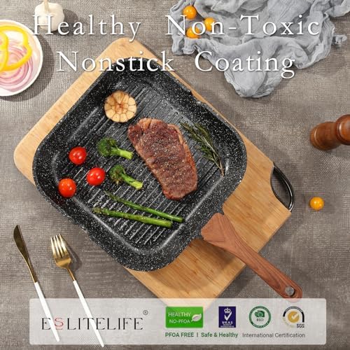 ESLITE LIFE Nonstick Grill Pan with Lid & Tongs for Stove Tops, 11 Inch Versatile Square Big Grilling Skillet Steak Pan with Pour Spouts for Indoor & Outdoor Cooking, PTFE & PFOA Free, Black