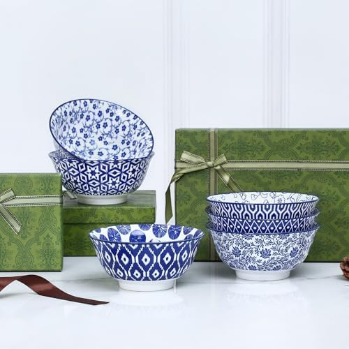 Selamica 7 inches Porcelain Cereal Bowl Set - Set of 6, Soup Bowls, Ceramic bowls for Cereal, Soup, Salad and Pasta, Vintage Blue