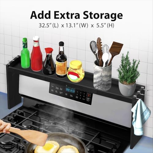 IIIOIIIA Bamboo Over the Stove Spice Shelf for Kitchen, 31.5" Spice Rack Organizer Shelf with 6 hooks, 11.4" Height Extra Storage Countertop, Easy to Assemble, Black