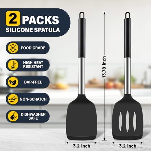 2 Pack Silicone Spatula Set, Solid & Slotted Turner for Non-Stick Pans, High Heat Resistant Silicone Spatula for Cooking, BPA-Free Stainless Steel Cooking Utensils for Fish, Eggs, Pancakes, Black