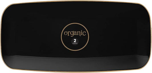 Plasticpro Plastic Serving Trays - Serving Platters Disposable Party Dish White, (4, Round Black Tray with Gold Rim)