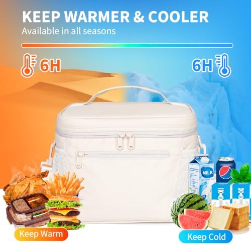 NOL Insulated Lunch Bag for Women Men Adults, Reusable Lunch Tote with Adjustable Shoulder Strap, Leakproof Thermal Food Cooler Bag with Front Pocket and Side Mesh Pockets for Work Travel, Cream