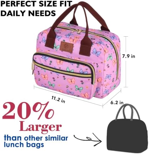 Insulated Lunch box for Women,Leakproof Quilted Thermal Lunch Bag, 14L Large Capacity Lunch Tote Bag Lightweight LunchBox Cooler for Work, School, Picnic or Travel with 2 Front Pocket-Butterfly