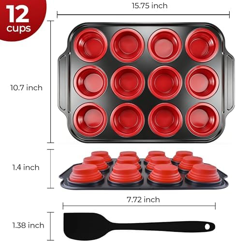 12-Cup Collapsible Silicone Muffin Pan with Metal Frame & Spatula - Space Saving Foldable Cupcake Tray - Easy Release Baking Mold for Egg Bites, Muffins & Tart - Dishwasher Safe Red