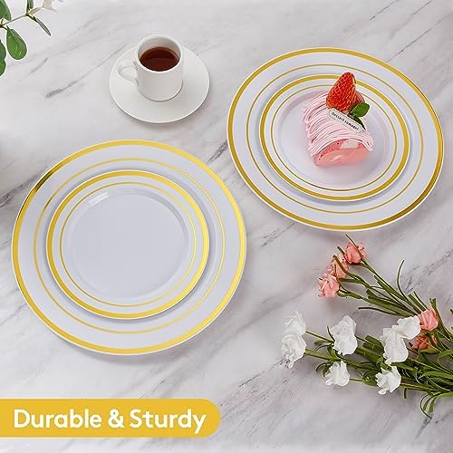 Goodluck 200PCS Gold Plastic Plates, Heavy Duty Disposable Gold Plates with 100 10.25 inch Dinner Plates and 100 7.5 inch Dessert Plates for Party, Holiday, Wedding, Thanksgiving (Pack of 2)