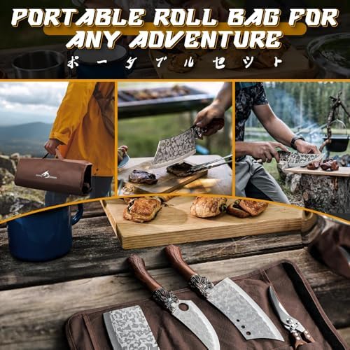 Purple Dragon 8 Pcs Japanese Chef Butcher Knife Set with Roll Bag