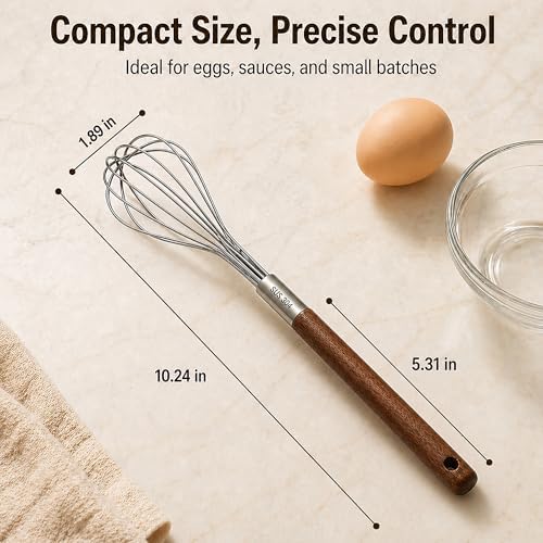 Mini Whisk 10 Inch, 304 Stainless Steel Small Wire Whisk with Walnut Wood Handle, Hand Egg Beater for Cooking, Baking, Mixing Eggs, Coffee, Sauces, Dressing and Gravy, 1 Count