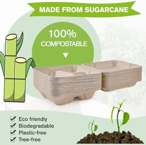 ECOLipak 300 Pack Compostable Take Out Food Containers 8 inch,3 Compartment