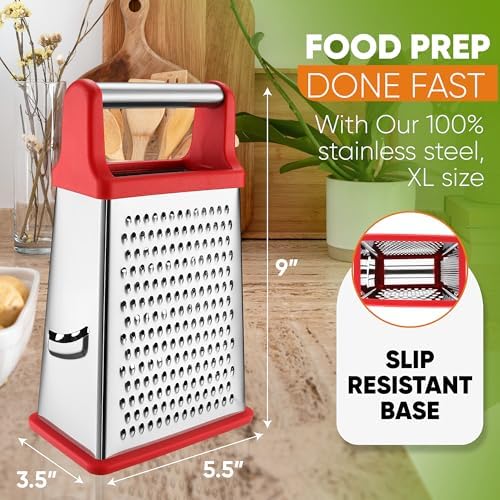 Spring Chef Stainless Steel XL Cheese Grater for Kitchen, Red