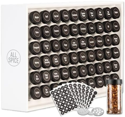 AllSpice Spice Rack Organizer, Wood, 525 Unique Labels, Countertop or Wall Mount, Includes 60 4oz Jars- Matte White