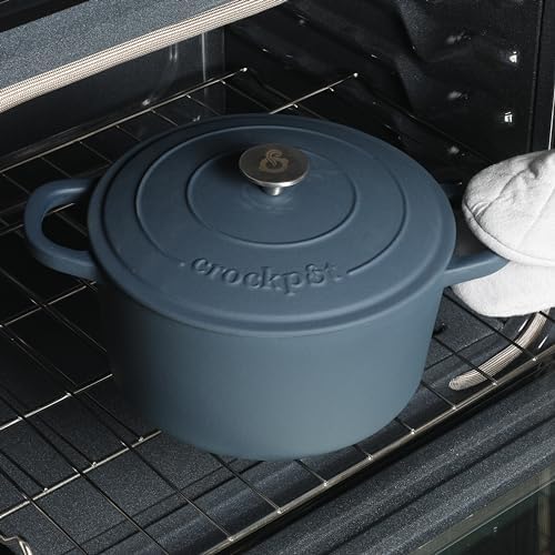 Crock-Pot Artisan 7-Quart Round European Enameled Cast Iron Dutch Oven – Matte Navy Blue, Durable Oven Safe Cookware