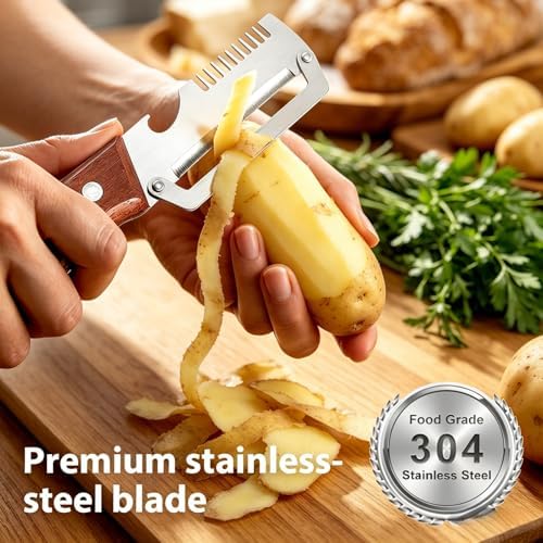 NEW Premium Vegetable Peeler with Wooden Handle and Bottle Opener: 3-in-1 Stainless Steel Kitchen Tool for Fruit Apple Potato Pumpkin Papaya (1 PCS 3-in-1)
