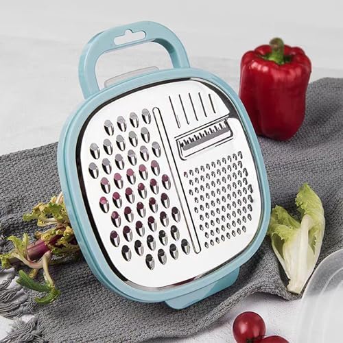 3 in 1 Vegetable Slicer with Storage Box, Stainless Steel Cheese Box Grater, Food Chopper, Wave Cutter, Kitchen Multi-Purpose Grater for Potatoes, Carrots, Zucchini, Onions... (Light Blue)
