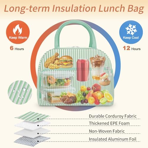 Coobiiya Lunch Bag Lunch Box for Women Men, Reusable Cute Corduroy Lunchbag - Leakproof, Insulated LunchBox Tote with Large Capacity