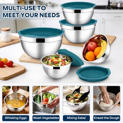 E-far Mixing Bowls with Lids Set, Stainless Steel Cooking Salad Bowls, Blue