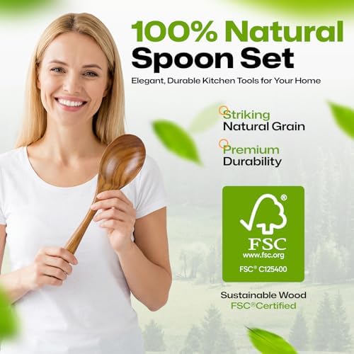 AIUHI Teak Wooden Salad Spoon, Durable Wooden Serving Spoon, Nonstick-Safe Wooden Utensil for Mixing, Frying & Serving