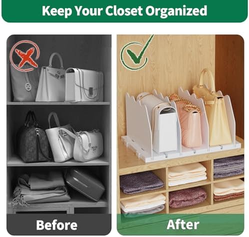 SPACEKEEPER Shelf Divider for Closet, Adjustable Purse Organizers, White