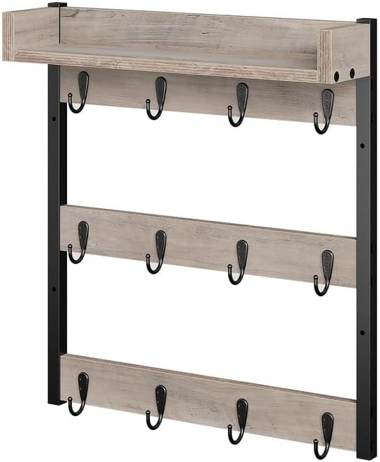 Coffee Mug Holder Stand, 3 Tier Mug Tree Rack, Hanging 12 Cups, with Top Shelf, for Kitchen, Dining Room, Living Room, Cafe, Greige and Black MH42BG