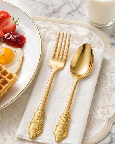 BUCLA 200 Piece Gold Plastic Silverware - Baroque Style Gold Plastic Forks and Spoons - 100 Forks and 100 Spoons for Weddings, Parties & Thanksgiving